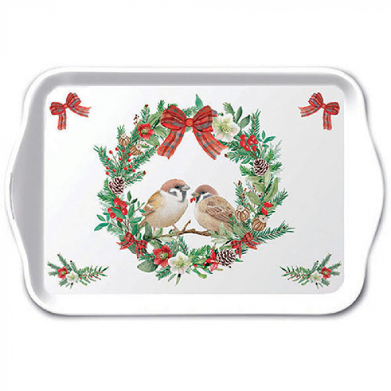 sparrows in wreath tray